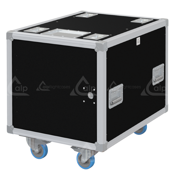 Front view of the professional Rack Side Sliding 19 inch 10U 640mm depth flight case with wheels by ALP Flight Cases