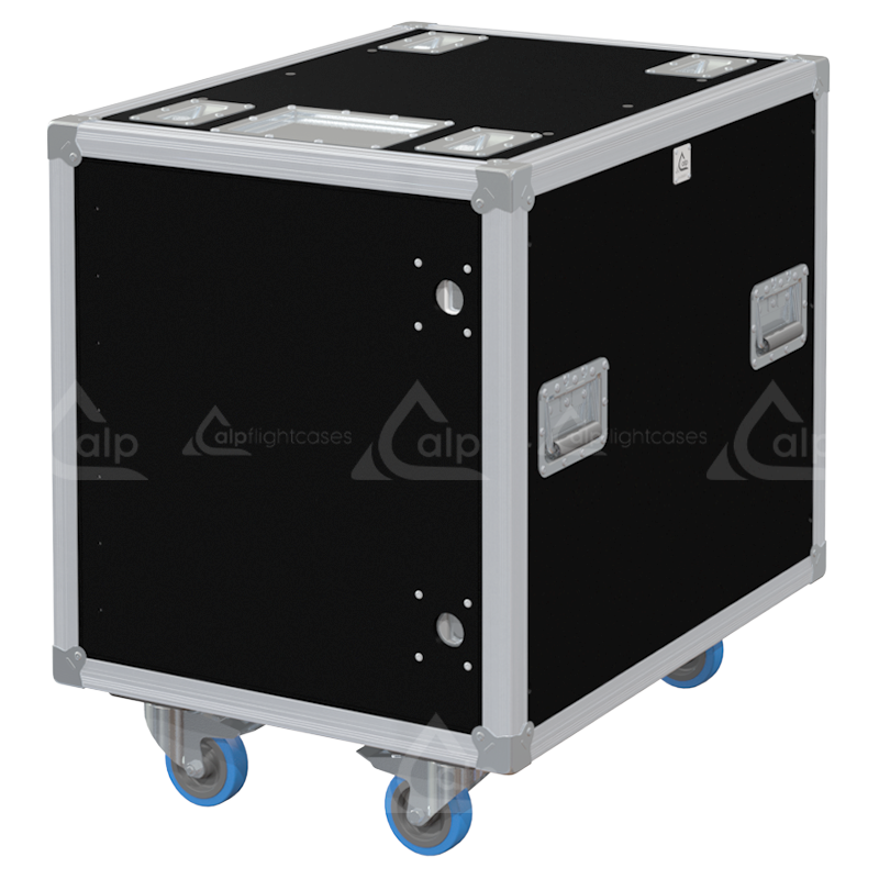 Front view of the professional Rack Side Sliding 19 inch 12U 640mm depth flight case with wheels by ALP Flight Cases