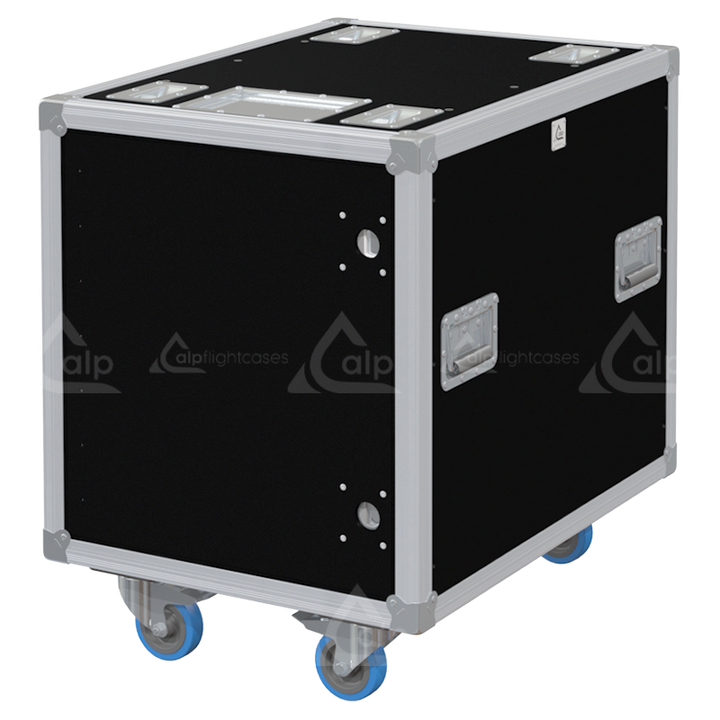 Front view of the professional Rack Side Sliding 19 inch 12U 640mm depth flight case with wheels by ALP Flight Cases