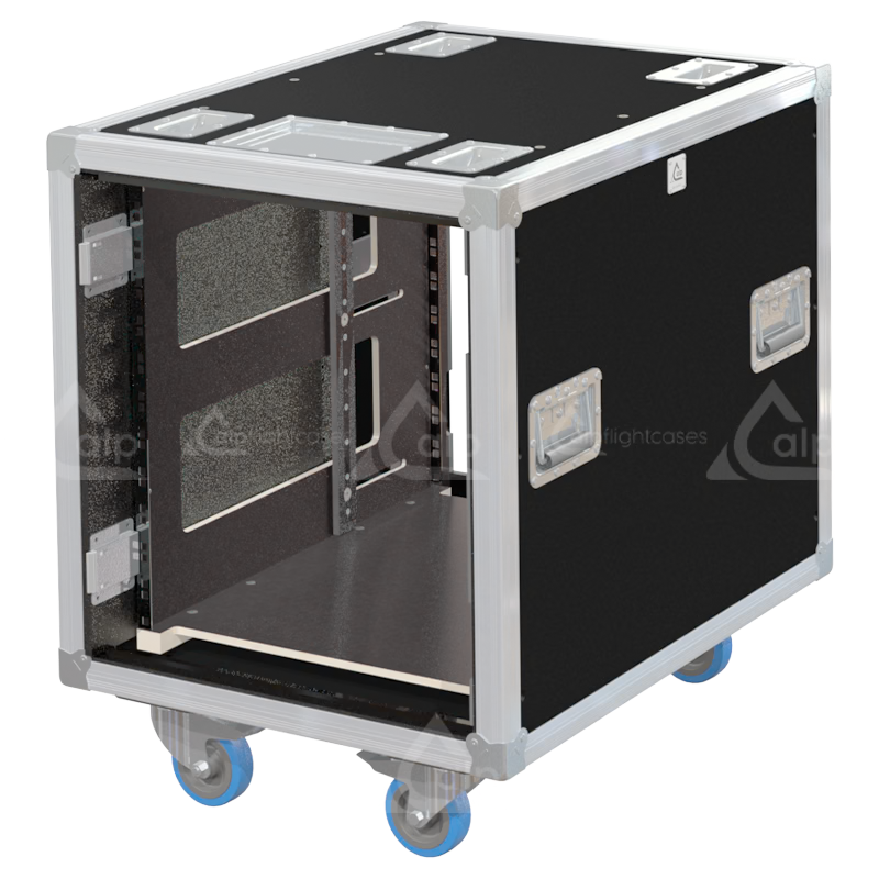 Empty interior of the 12U 640mm side sliding rack flight case highlighting the front and rear 19 inch rack plumb columns
