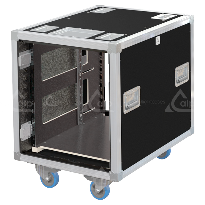 Empty interior of the 12U 640mm side sliding rack flight case highlighting the front and rear 19 inch rack plumb columns