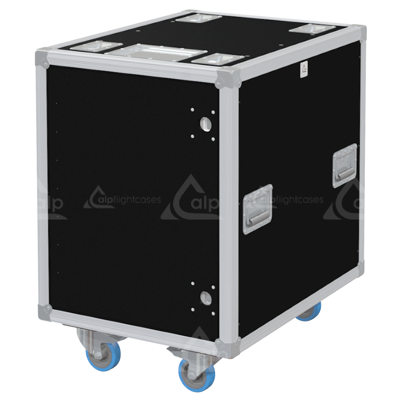 Front view of the professional Rack Side Sliding 19 inch 14U 640mm depth flight case with wheels by ALP Flight Cases
