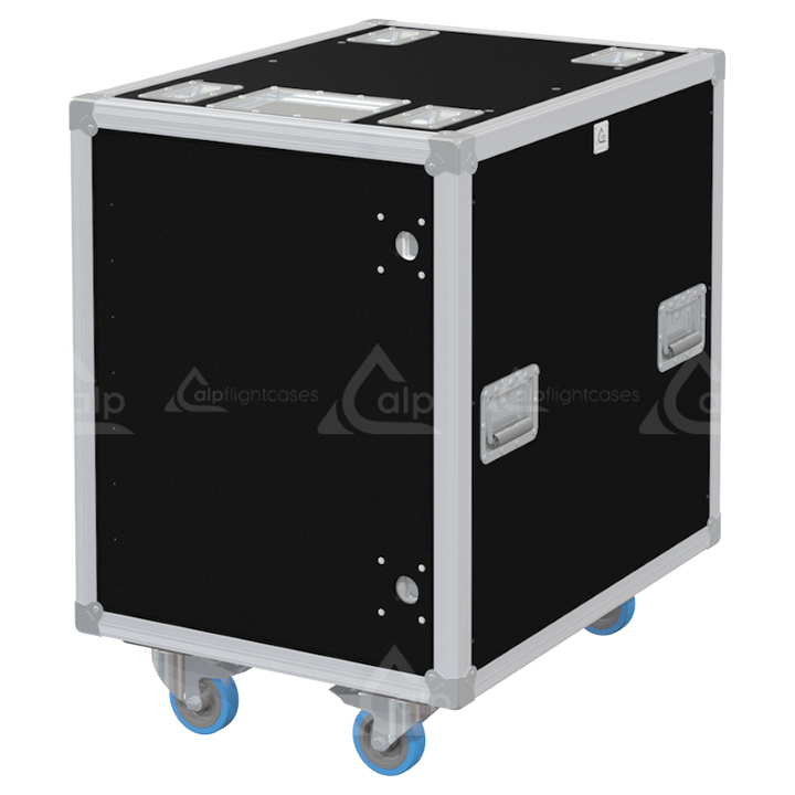 Front view of the professional Rack Side Sliding 19 inch 14U 640mm depth flight case with wheels by ALP Flight Cases