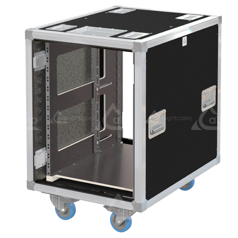 Empty interior of the 14U 640mm side sliding rack flight case highlighting the front and rear 19 inch rack plumb columns