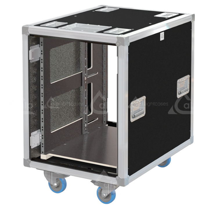 Empty interior of the 14U 640mm side sliding rack flight case highlighting the front and rear 19 inch rack plumb columns