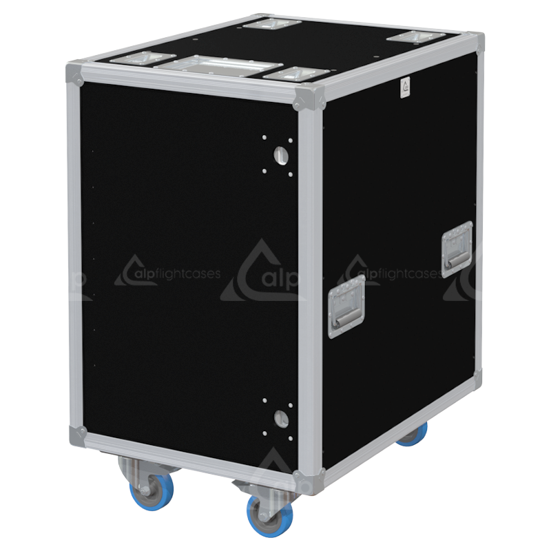 Front view of the professional Rack Side Sliding 19 inch 16U 640mm depth flight case with wheels by ALP Flight Cases