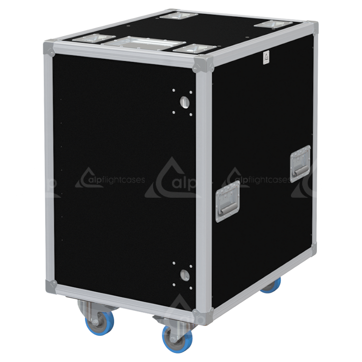 Front view of the professional Rack Side Sliding 19 inch 16U 640mm depth flight case with wheels by ALP Flight Cases