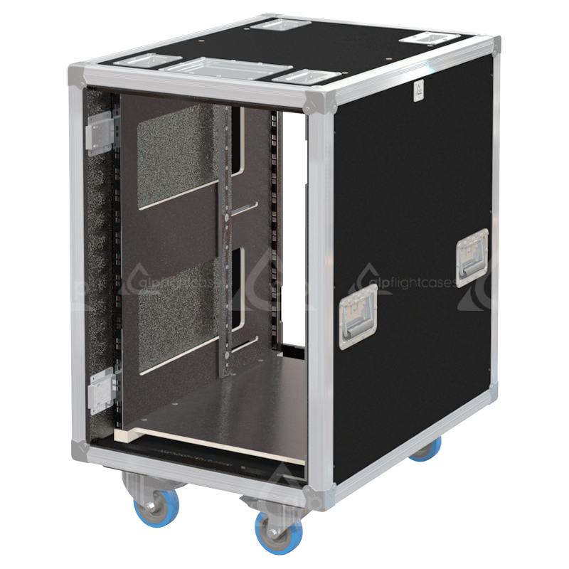 Empty interior of the 16U 640mm side sliding rack flight case highlighting the front and rear 19 inch rack plumb columns