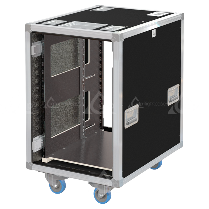 Empty interior of the 16U 640mm side sliding rack flight case highlighting the front and rear 19 inch rack plumb columns