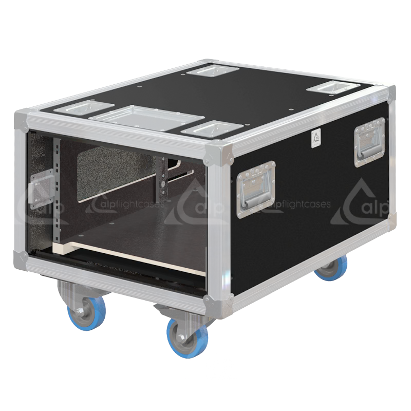 Empty interior of the 6U 640mm side sliding rack flight case highlighting the front and rear 19 inch rack plumb columns