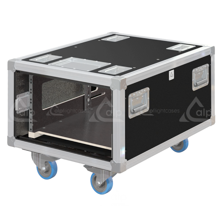 Empty interior of the 6U 640mm side sliding rack flight case highlighting the front and rear 19 inch rack plumb columns