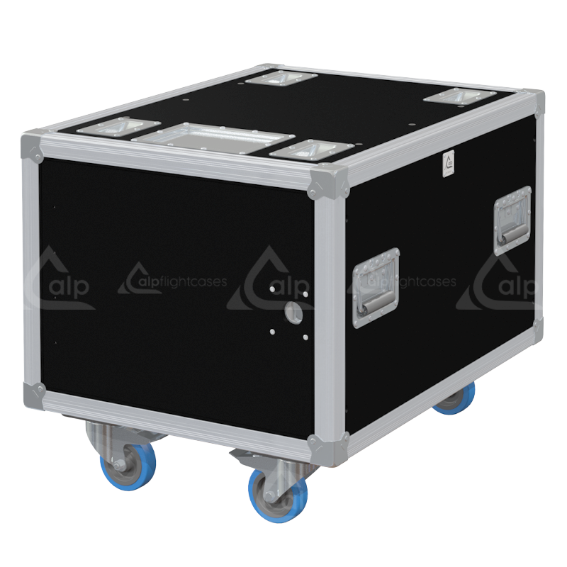 Front view of the professional Rack Side Sliding 19 inch 8U 640mm depth flight case with wheels by ALP Flight Cases