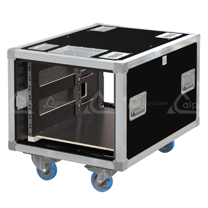 Empty interior of the 8U 640mm side sliding rack flight case highlighting the front and rear 19 inch rack plumb columns