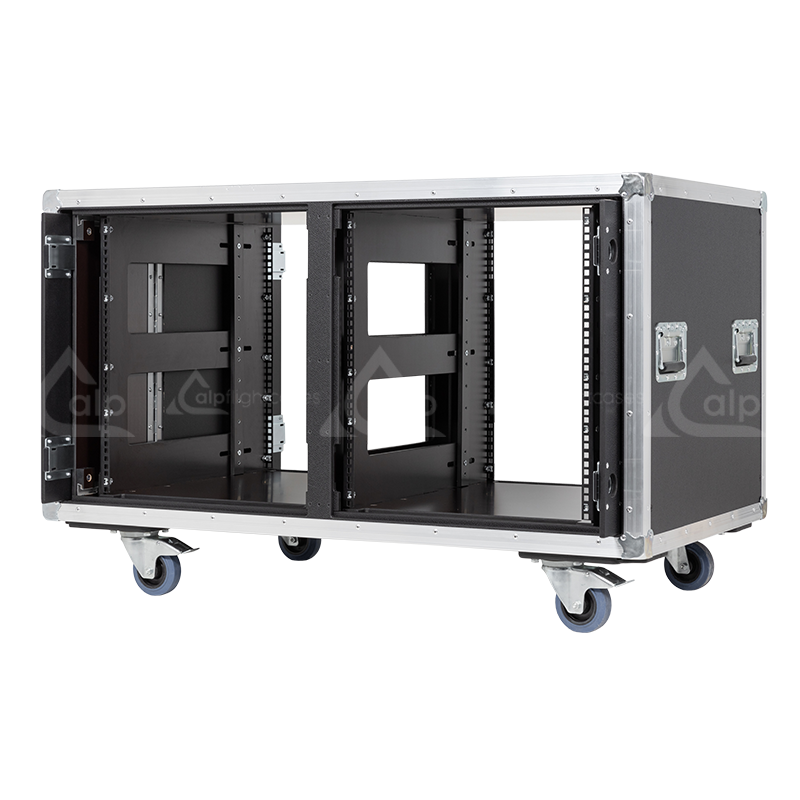 Empty interior of the 12U 640mm double sliding rack flight case highlighting the front and rear 19 inch rack plumb columns