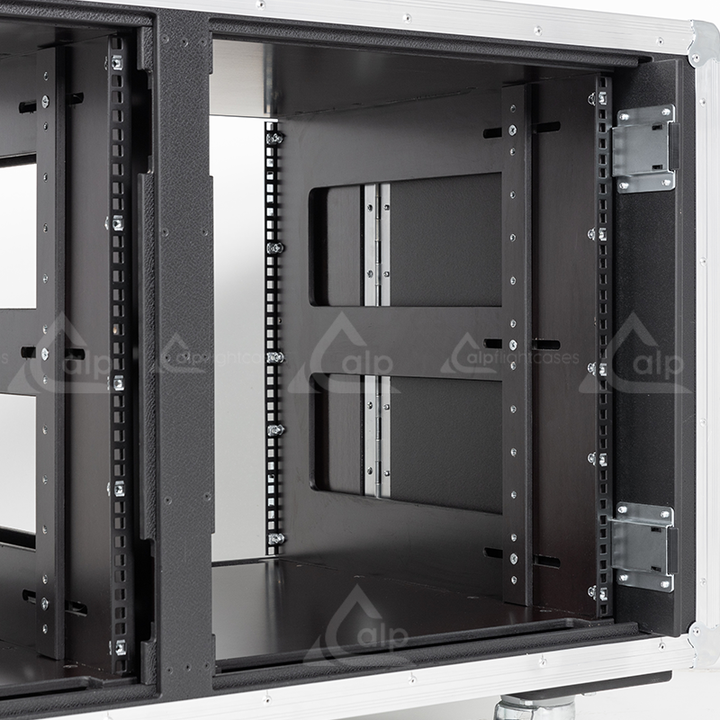 Close-up of the sliding latches, large flat corners, and 100mm wheels on the ALP Rack Side Sliding Double series