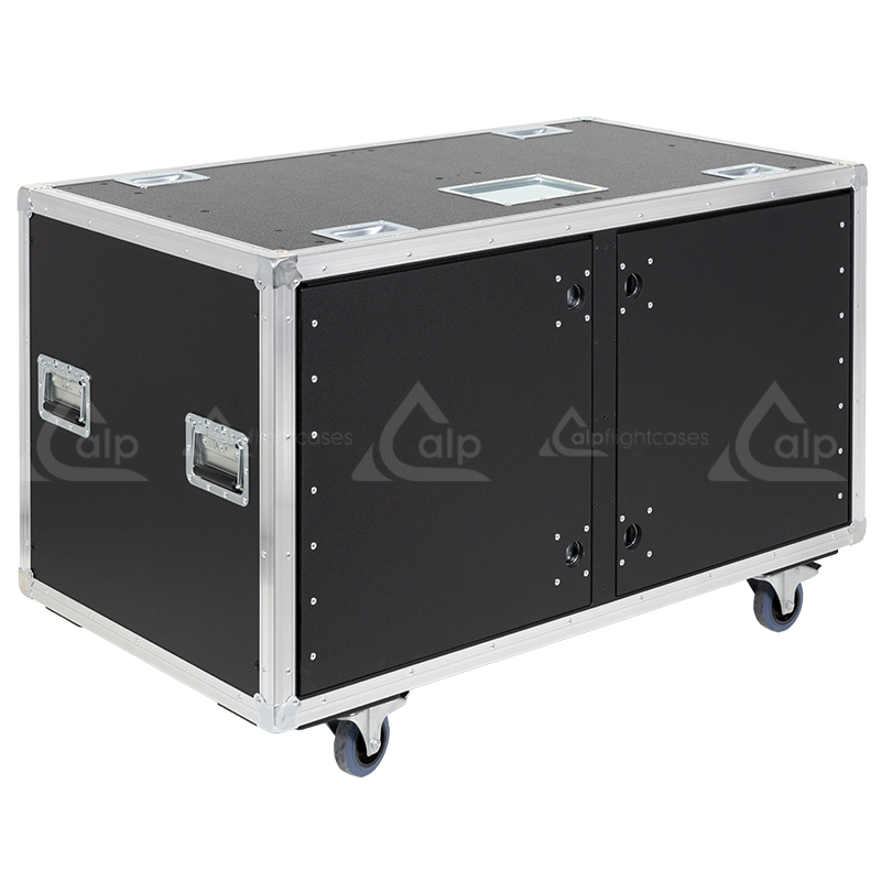 Front view of the professional Rack Side Sliding Double 19 inch 14U 640mm depth flight case with wheels by ALP Flight Cases