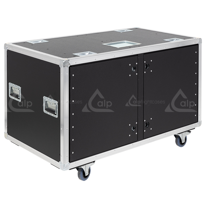 Front view of the professional Rack Side Sliding Double 19 inch 14U 640mm depth flight case with wheels by ALP Flight Cases