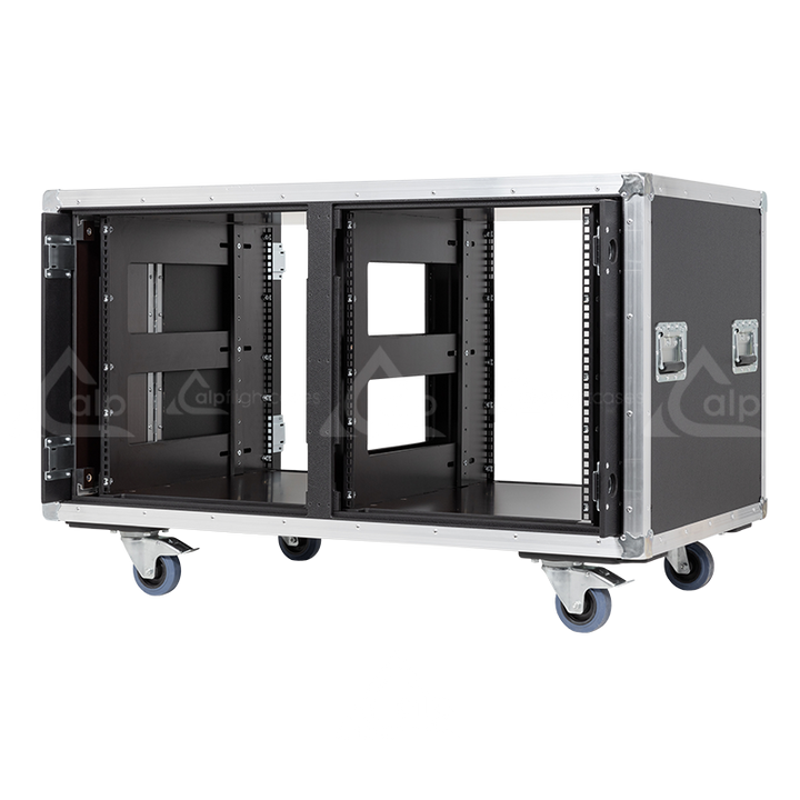 Empty interior of the 14U 640mm double sliding rack flight case highlighting the front and rear 19 inch rack plumb columns