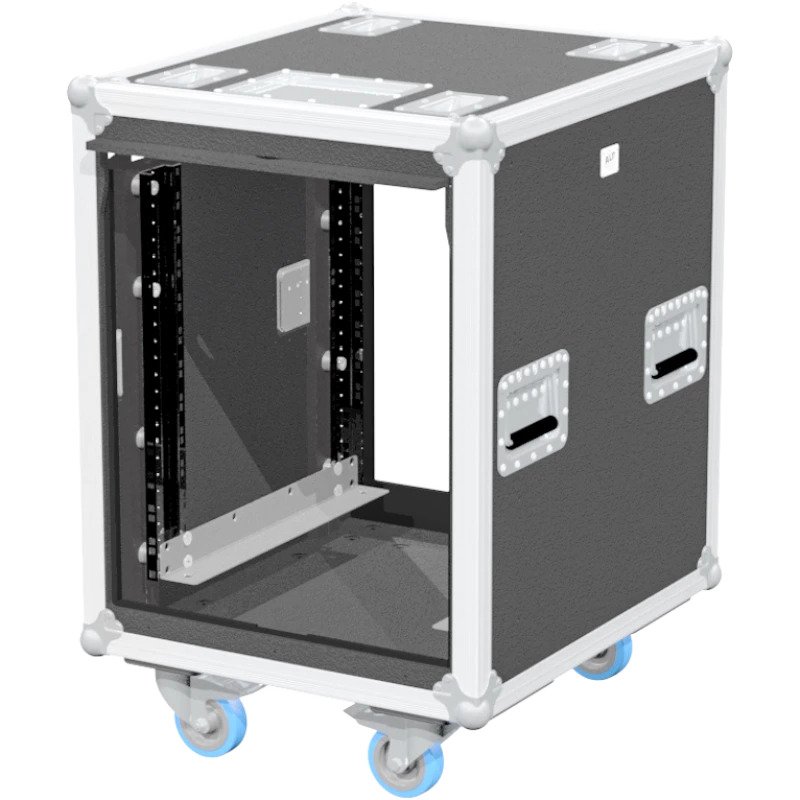Empty interior of the 8U 550mm sliding rack flight case highlighting the front and rear 19 inch rack plumb columns