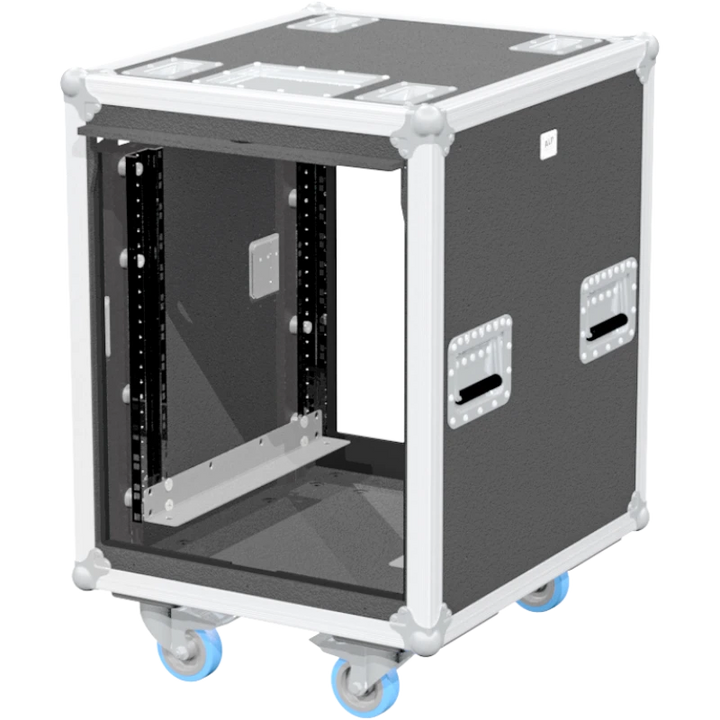 Empty interior of the 8U 550mm sliding rack flight case highlighting the front and rear 19 inch rack plumb columns