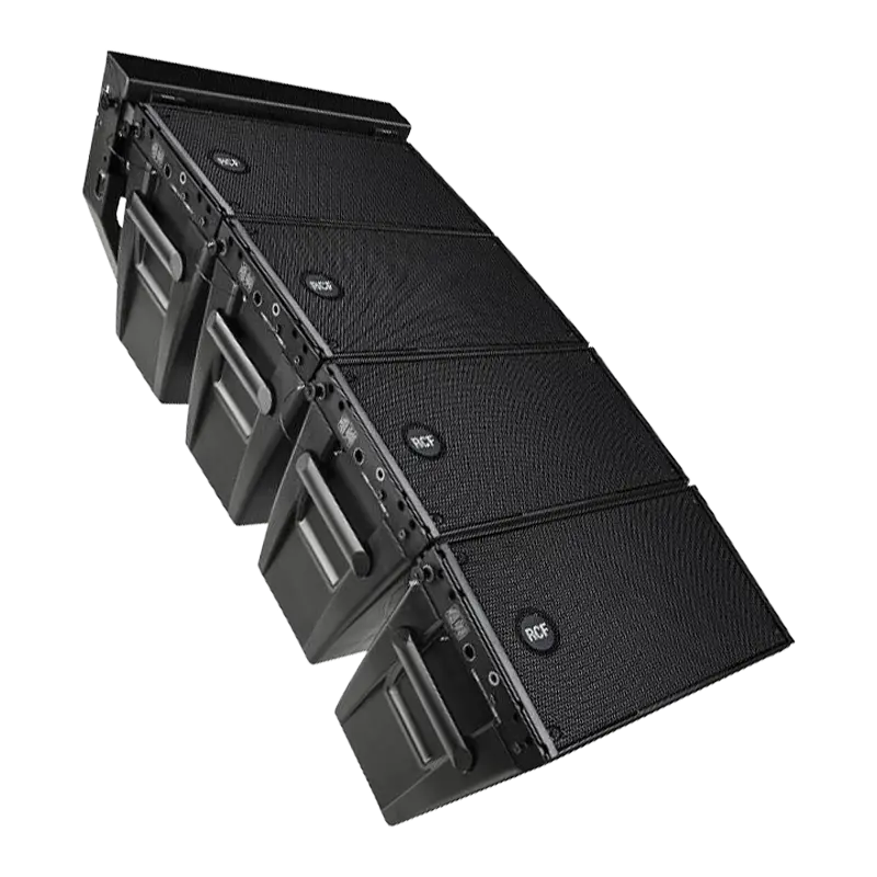 Set of four RCF HDL 10-A active line array modules showing integrated rigging hardware and front grilles
