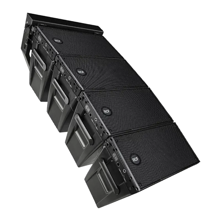 Set of four RCF HDL 10-A active line array modules showing integrated rigging hardware and front grilles