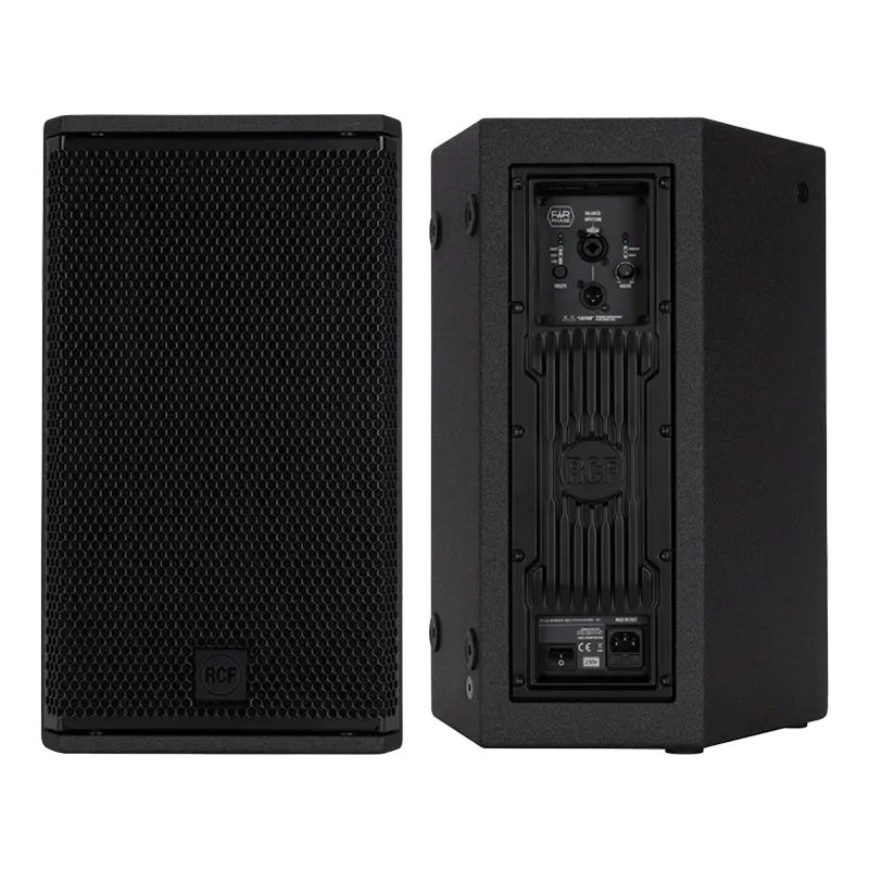 Pair of RCF NX 910-A professional active speakers showing the rugged cabinet and front grille