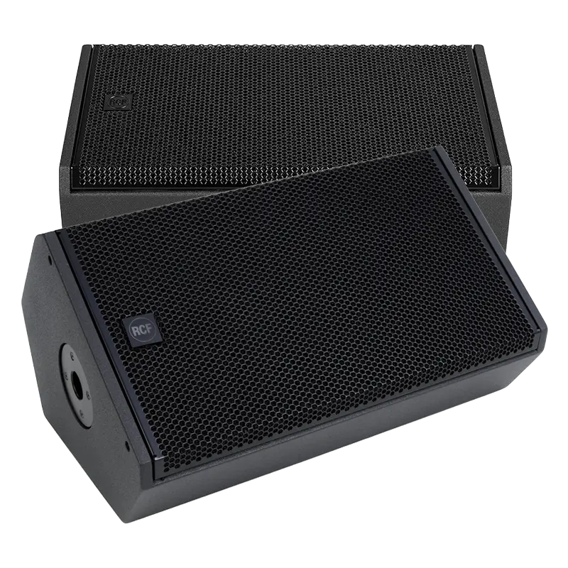 Pair of RCF NX 912-SMA professional active coaxial stage monitors showing the rugged cabinet and low-profile design