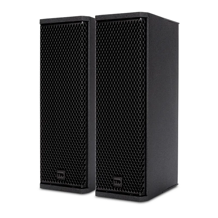 Pair of RCF TT 515-A professional high-output active speakers showing the compact birch cabinet and grille