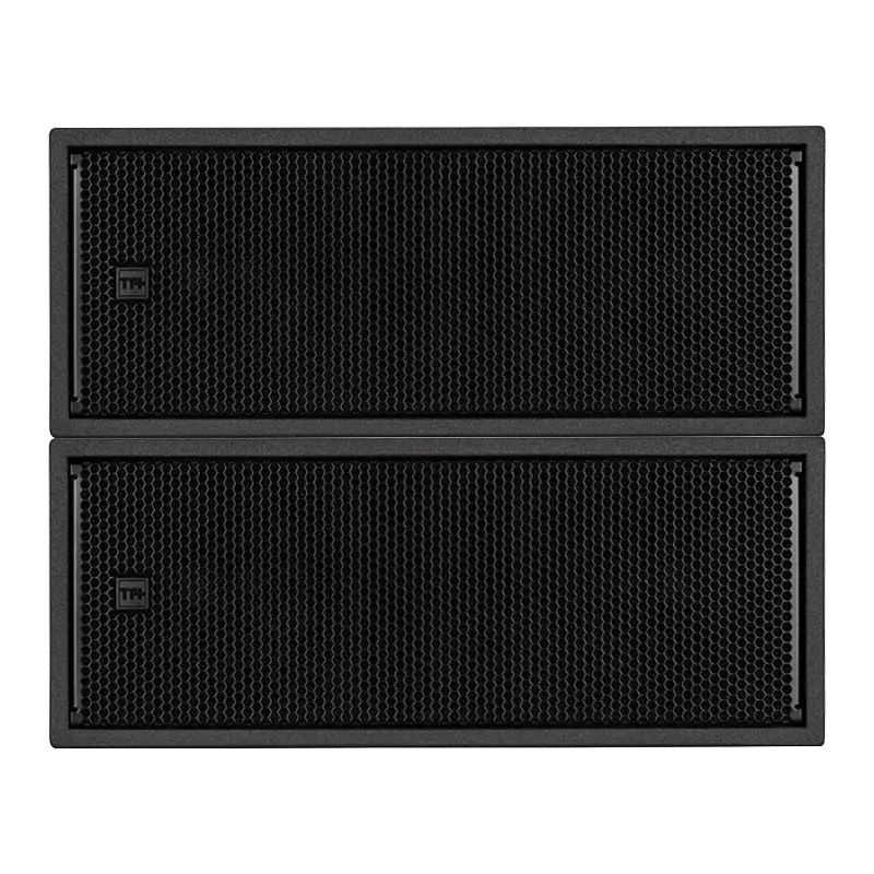 Pair of RCF TT 808-AS professional high-output active subwoofers showing the compact dual 8-inch design