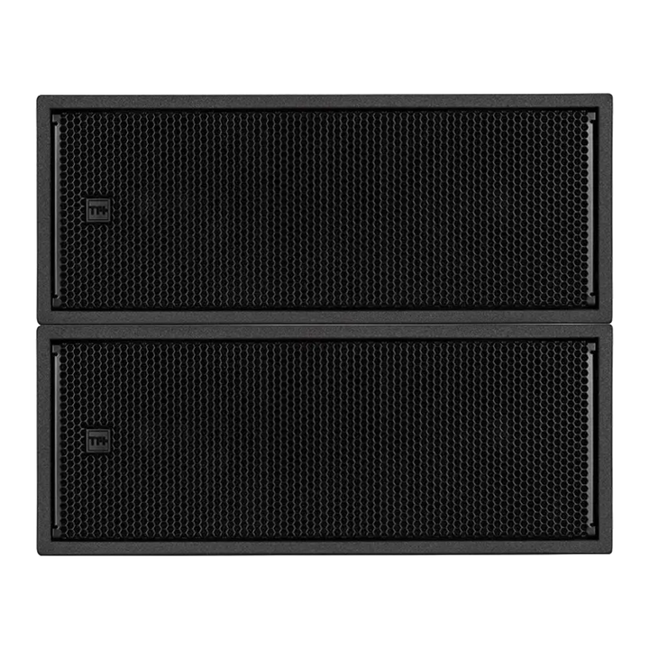 Pair of RCF TT 808-AS professional high-output active subwoofers showing the compact dual 8-inch design