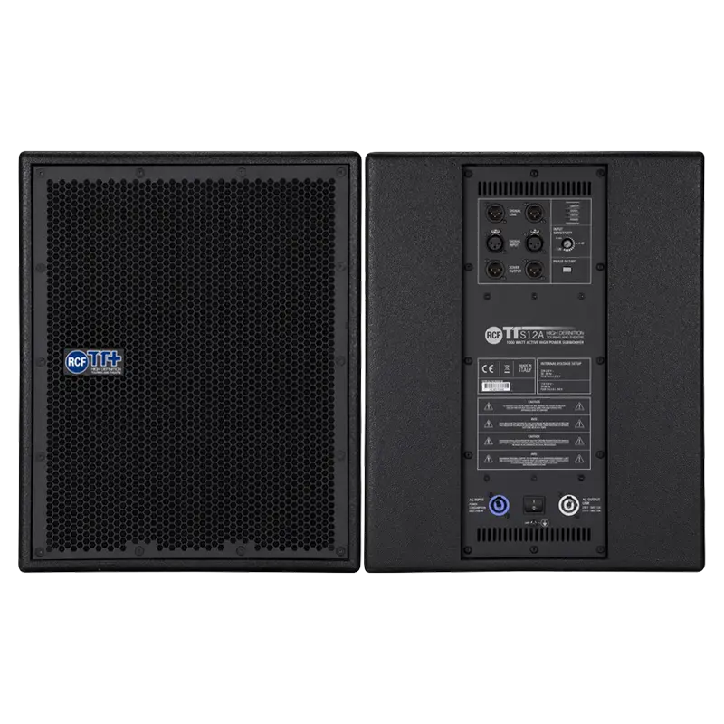 Pair of RCF TTS 12-A professional high-output active subwoofers showing the compact birch cabinet design