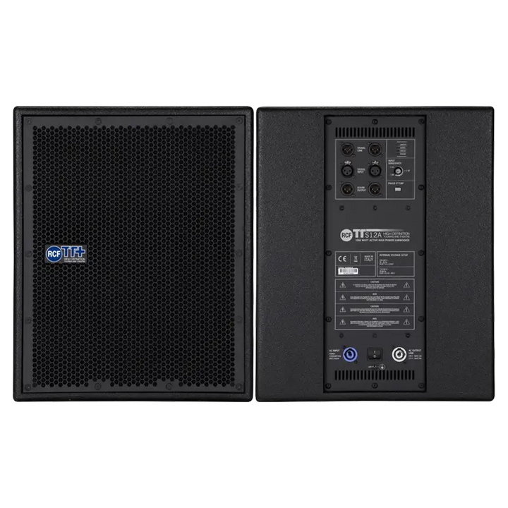 Pair of RCF TTS 12-A professional high-output active subwoofers showing the compact birch cabinet design