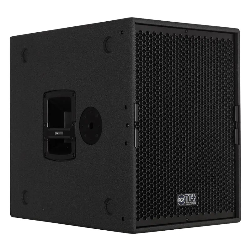 RCF TTS 15-A professional high-output active subwoofer showing the front grille and compact birch cabinet