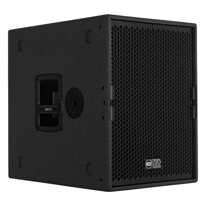 RCF TTS 15-A professional high-output active subwoofer showing the front grille and compact birch cabinet