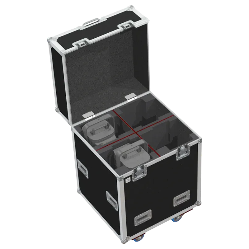 Interior view of the professional flight case, fully loaded and secured with custom padding for 4x Robert Juliat 650 SX profile fixtures.