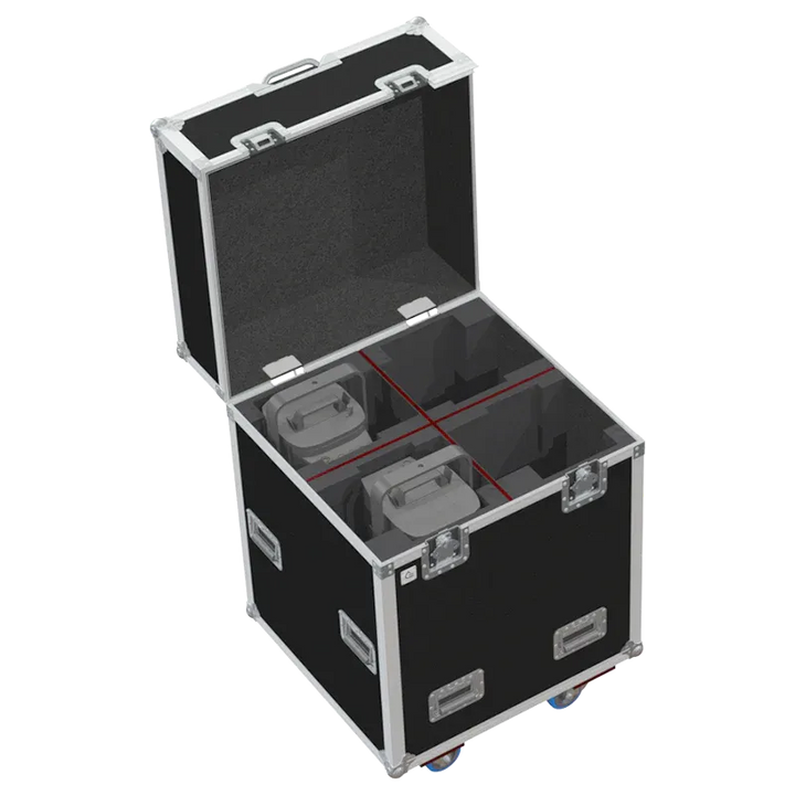 Interior view of the professional flight case, fully loaded and secured with custom padding for 4x Robert Juliat 650 SX profile fixtures.