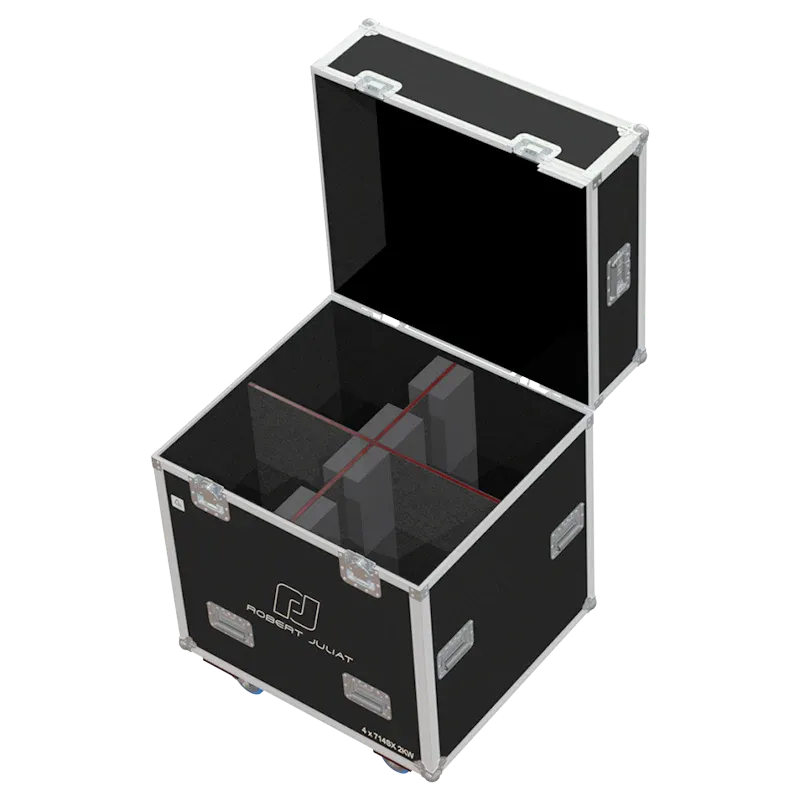 Interior view of the professional flight case, fully loaded and secured with custom padding for 4x Robert Juliat 714SX profile fixtures