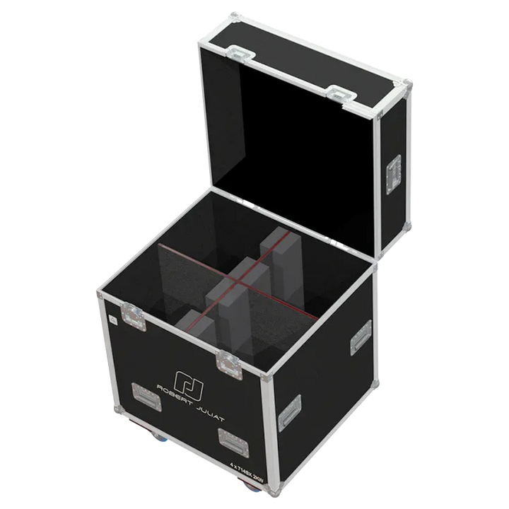 Interior view of the professional flight case, fully loaded and secured with custom padding for 4x Robert Juliat 714SX profile fixtures