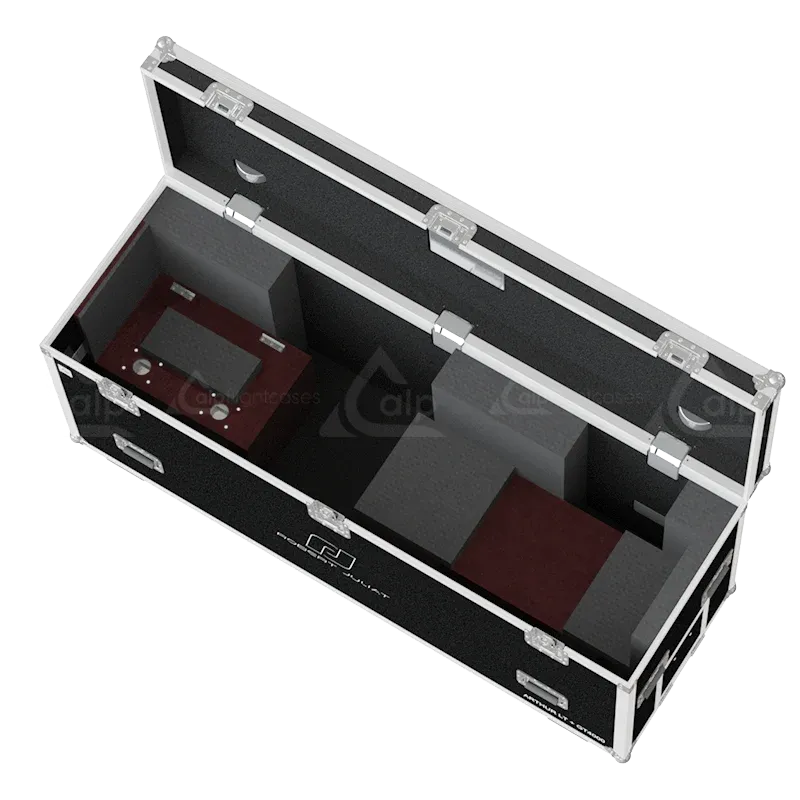 Empty interior view of the professional flight case, highlighting the precision-engineered compartment for followspot housing.