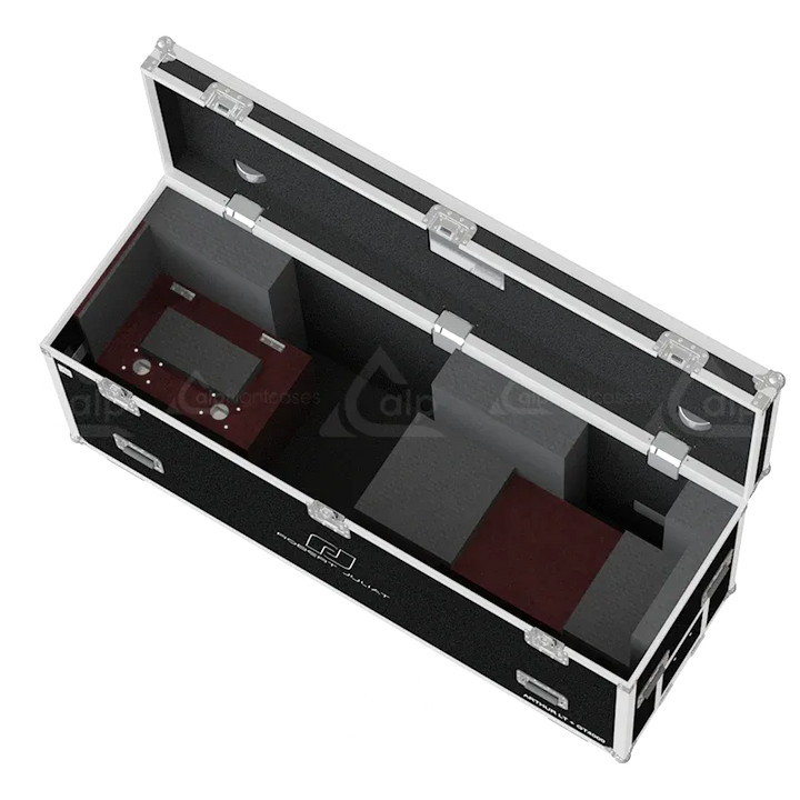 Empty interior view of the professional flight case, highlighting the precision-engineered compartment for followspot housing.