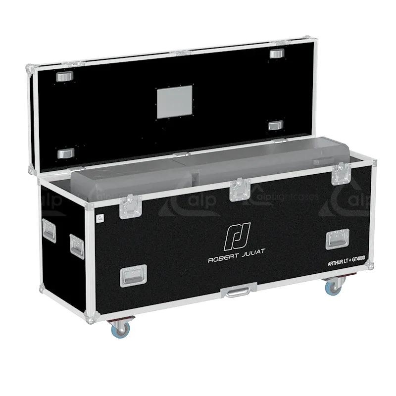 Interior view of the professional flight case, fully loaded and secured with custom padding for Robert Juliat Arthur LT / GT 4000.