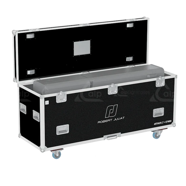 Interior view of the professional flight case, fully loaded and secured with custom padding for Robert Juliat Arthur LT / GT 4000.