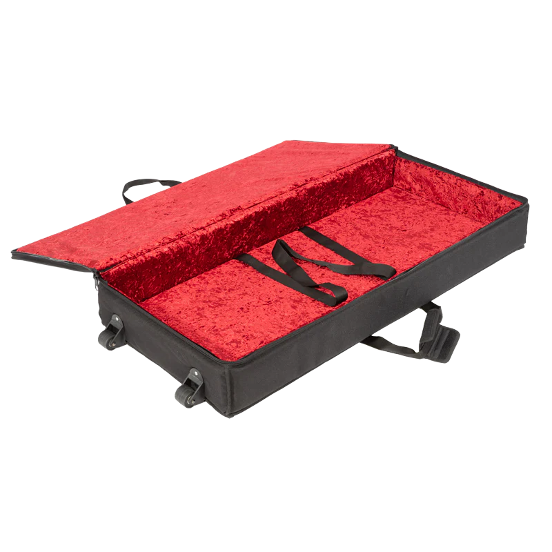View of the open protective bag without the equipment, highlighting the plush red velvet interior and 11mm foam padding