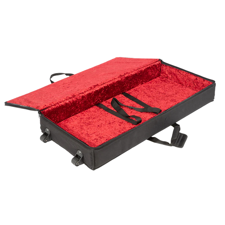 View of the open protective bag without the equipment, highlighting the plush red velvet interior and 11mm foam padding