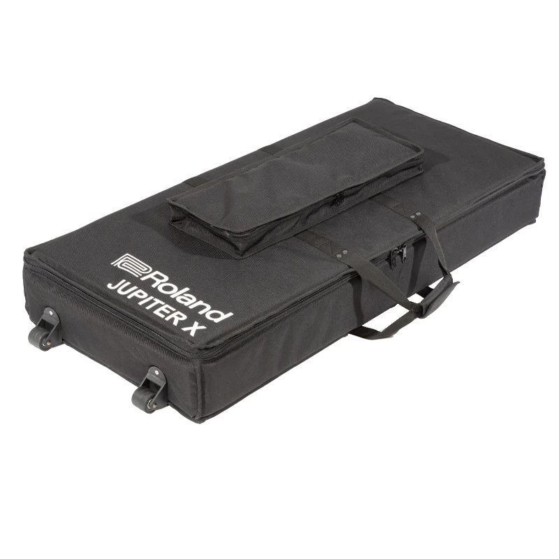 Side profile view of the synthesizer bag, highlighting the exterior pocket and corner wheels