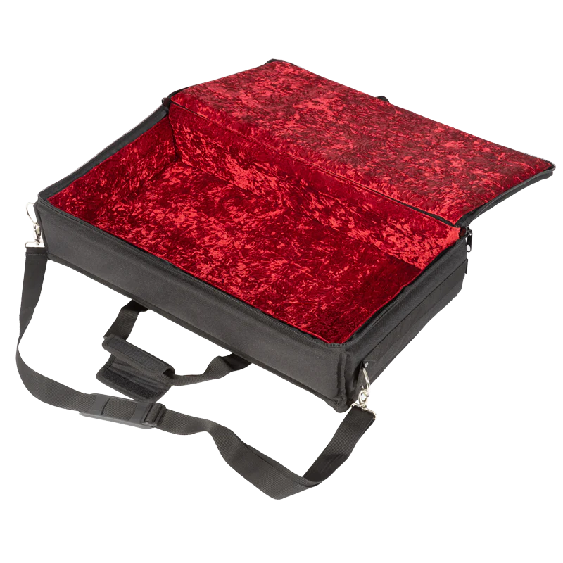 View of the open protective bag without the equipment, highlighting the plush red velvet interior and 11mm foam padding