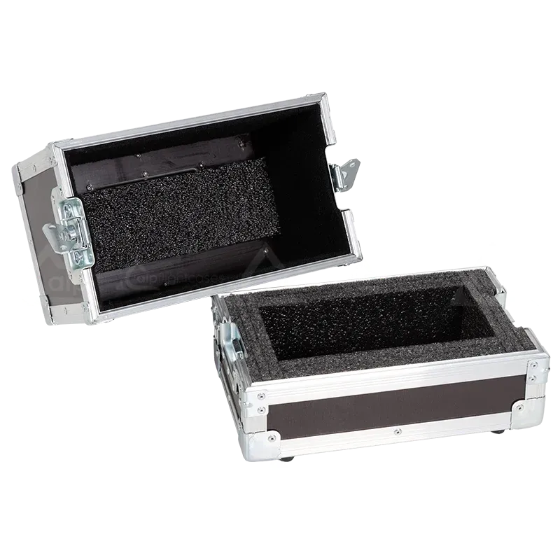 Interior view of the professional flight case, fully loaded and secured with custom foam padding for Smoke Factory Scotty II.