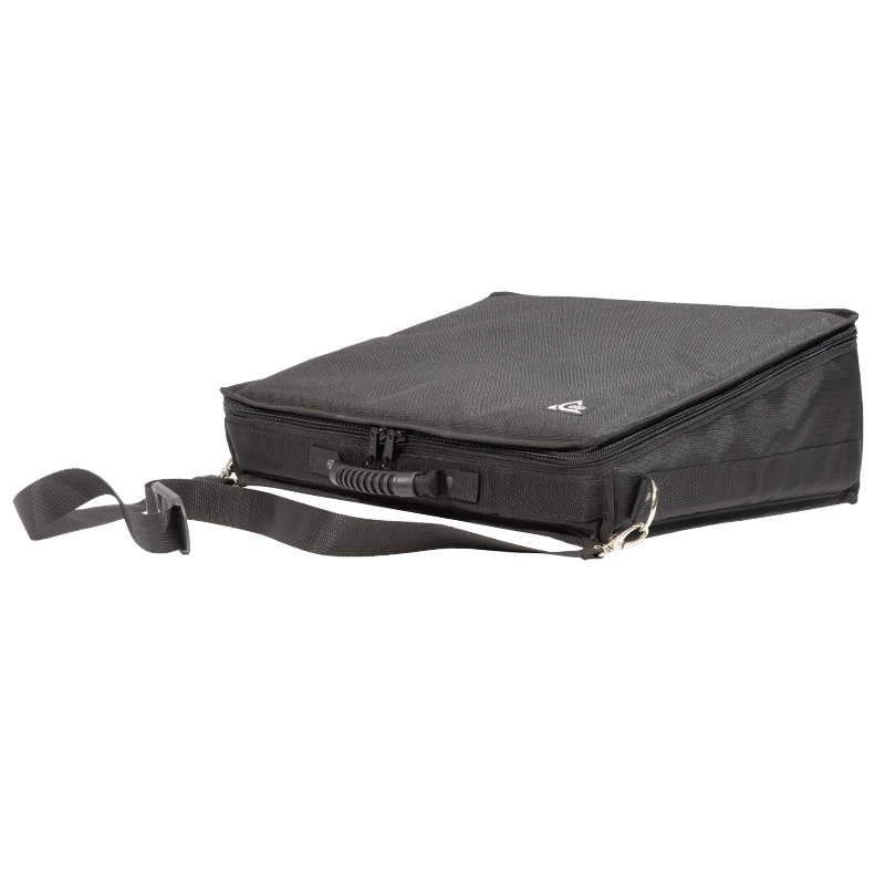 Front right perspective view of the ALP Bags professional protective bag for the Soundcraft FX16 II console