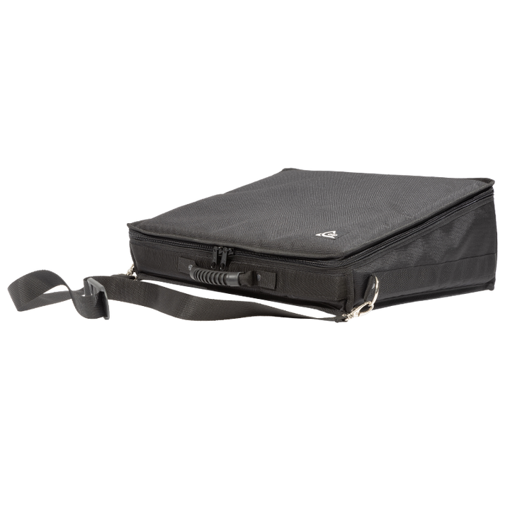Front right perspective view of the ALP Bags professional protective bag for the Soundcraft FX16 II console